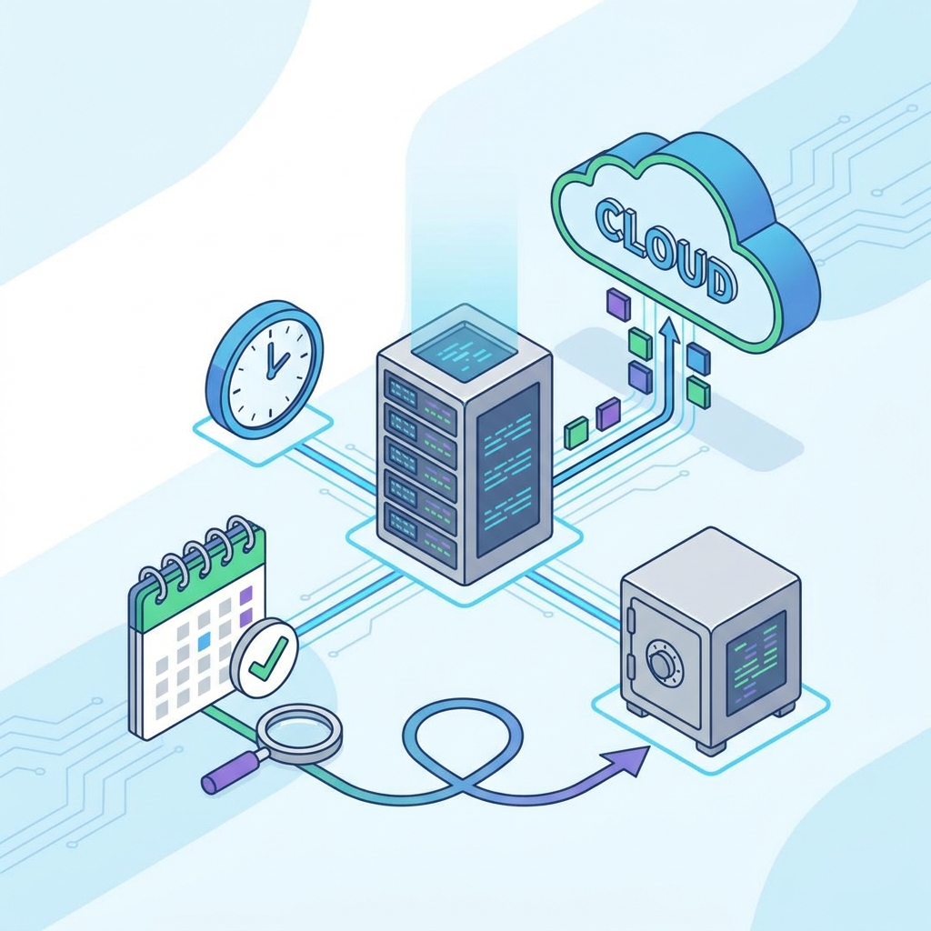Diagram over en backup-strategi med daglig cloud-backup og kvartalsvise genopretningstest