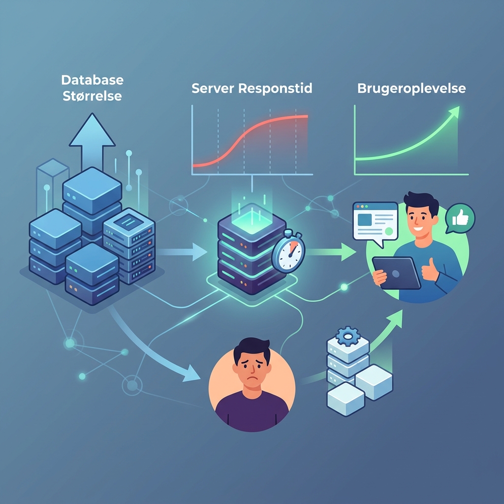 Diagram der viser sammenhængen mellem database størrelse, server responstid og brugeroplevelse
