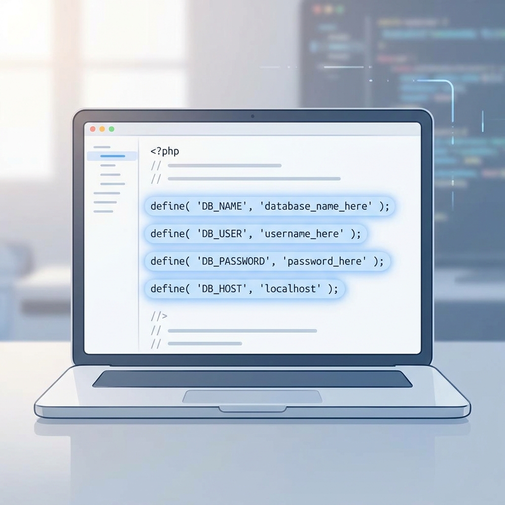 Screenshot af en wp-config.php fil med de korrekte linjer fremhævet